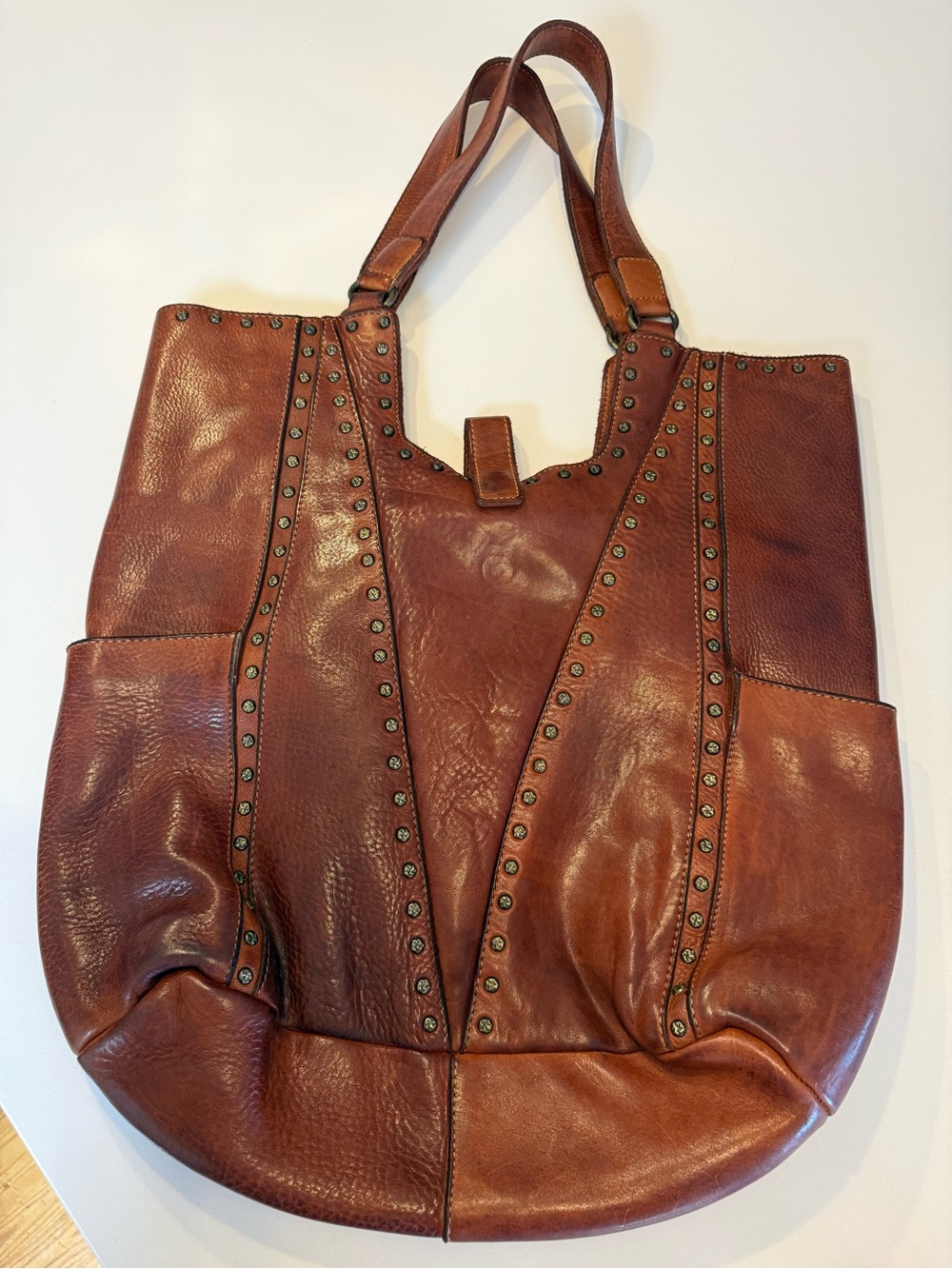Studded Brown Leather Tote Bag with Dual Shoulder Straps